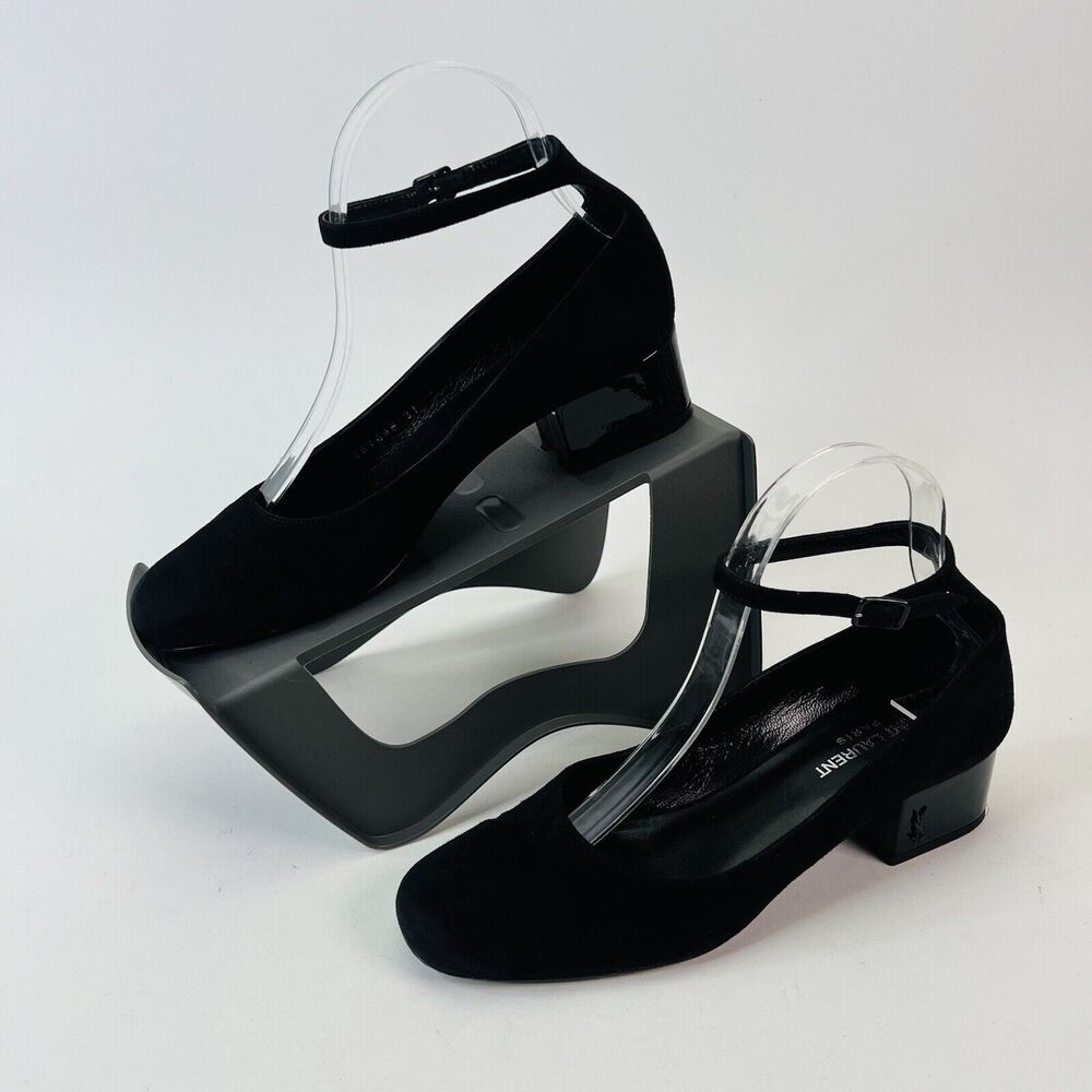 Saint Laurent Babies Block Heel Ankle Strap Pumps Black Suede‎ Women’s Size 37